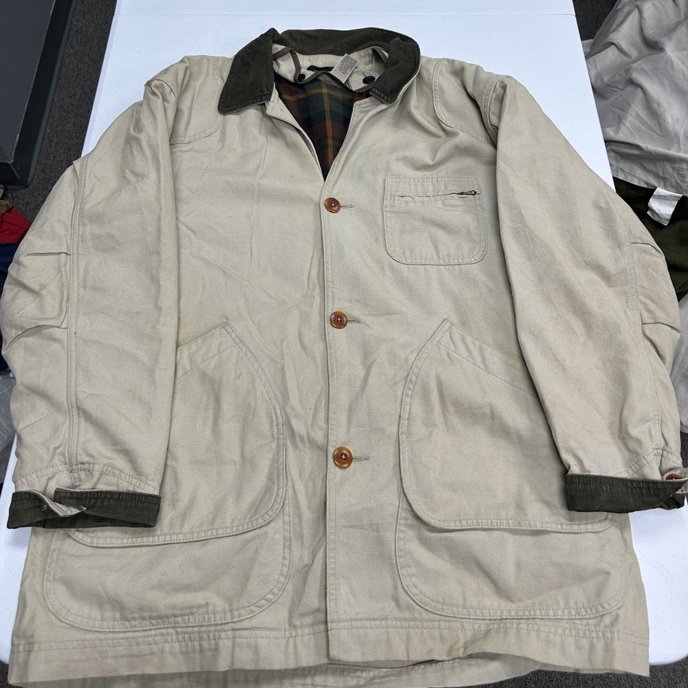 L.L. Bean Field Coat Mens L Khaki Tan Plaid Lined Corduroy Trim Barn Jacket